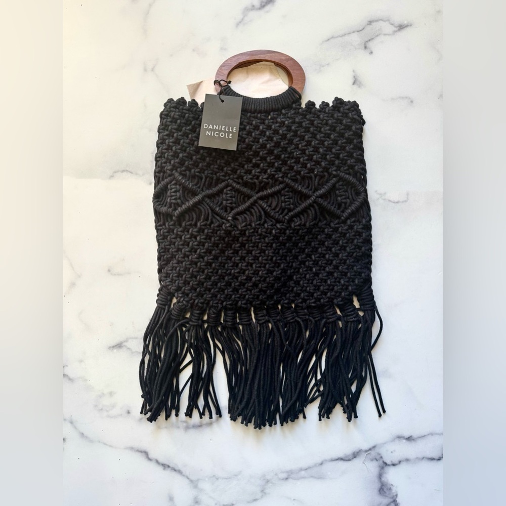 Danielle Nicole Black Macramé Fringe Vacation Handbag NWT